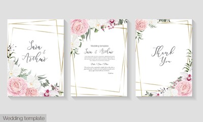 Vector floral template for wedding invitations. Pink roses, white orchids, berries, gypsophila, eucalyptus, green plants and flowers. Postcard for your text.