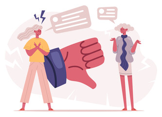 Negative response thumbs down dislike concept. Social media bad review, haters dislike feedback vector illustration set. Finger down negative response concept