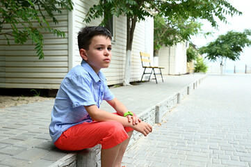 An adorable teenager boy sits on a stone step by the sea cottages. Handsome guy in the open is enjoying his vacation. Schoolchildren's Country Vacations. Summer concept