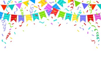 Fototapeta na wymiar Birthday bunting flags, ribbons and confetti festive background. Cartoon holiday party celebration decorations vector illustration. Birthday party flags