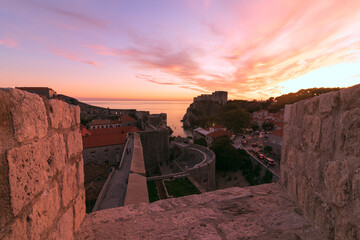 Scenic view to fort Lovrijenac from the city walls in Dubrovnik