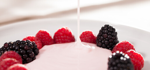 fresh raspberries and blackberries laid out on a white plate in circle with yogurt
