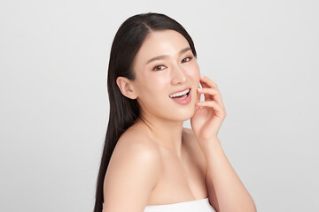 Beautiful young asian woman with clean fresh skin on white background, Face care, Facial treatment, Cosmetology, beauty and spa, Asian women portrait.