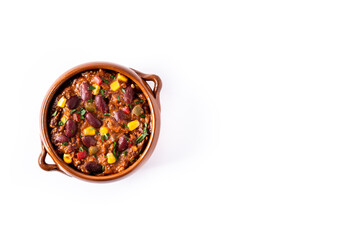 Traditional mexican tex mex chili con carne in bowl isolated on white background	