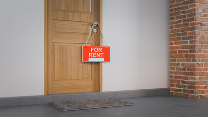 3D rendering Sign hang Front of door For rent Real Estate.,Real estate concept.