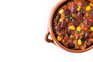 Traditional mexican tex mex chili con carne in bowl isolated on white background	