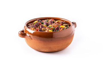 Traditional mexican tex mex chili con carne in bowl isolated on white background	