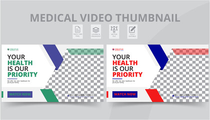 Elegant Medical Video Thumbnails Templates Design. Premium Quality Promotional Treatment Video Ads Thumbnail layouts and web page cover banner Pack.