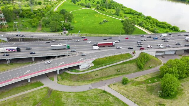 General Stefan Grot Rowecki Bridge over the Vistula River in Warsaw, Poland, 4k drone video