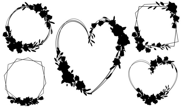 Set of vector frames. Black elements with roses, leaves and branches. Isolate on a white background. Brushes. Wedding. Valentine's Day. March 8. Use as greetings, wedding cards, etc.