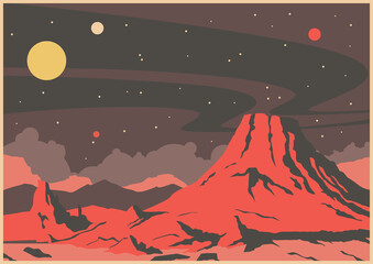 Unbekannte Planetenlandschaft, Vulkan, Berge, Planeten und Sternenhimmel Retro Future Sci Fi Space Illustrationen Stilisierung