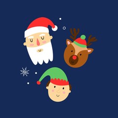 Christmas characters. Cute xmas portraits, Canta Claus, Rudolf deer and elf, winter holidays decor faces, postcard, print or poster vector cartoon isolated card