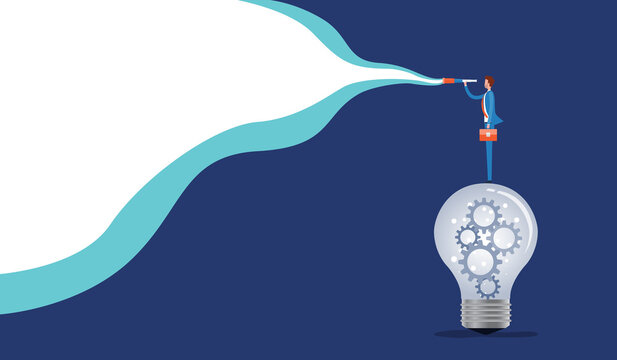 Flat businessman standing on lightbulbs looking for success opportunity and design for business vision concept 