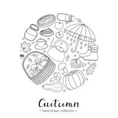 Hand drawn autumn items in circle.