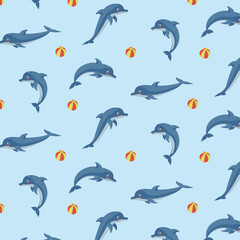 Seamless cartoon dolphin pattern with a ball. Color vector illustration for children, fabric, wrapping paper.