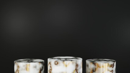 3D rendering of Marble podium for displaying three products on a black screen background. Mockup for show product.