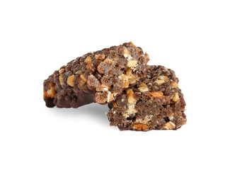 Halves of tasty protein bar on white background