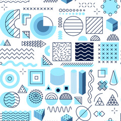 Blue Memphis Seamless Pattern. Vector Illustration of Geometric Background.