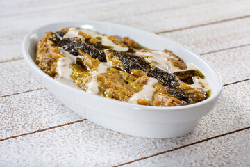 A view of a Persian eggplant dip called kashk bademjan.