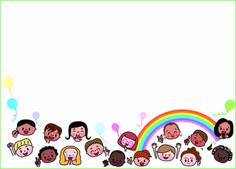 世界の子供達の笑顔と風船と虹