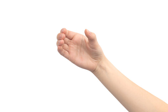 Hand gesture holding something, isolated on a white background, young female hand close-up