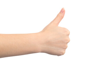 Hand gesture thumb up, isolated on a white background, young female hand close-up
