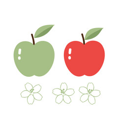 Flower, green and red apples icons isolated on white background vector.