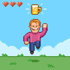 colorful simple flat pixel art illustration of cartoon smiling male retro video game character bouncing under a mug of beer