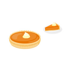 Illustration of pumpkin pie cake and slice.