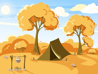 Scenic landscape with autumn forest and camping tent for hiking or camping concept. Autumn travel poster or sticker design. Vector illustration in flat style