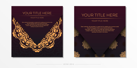 Luxurious Burgundy color postcard template with vintage ornament. Print-ready invitation design with mandala patterns.