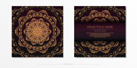 Luxurious postcard in maroon color with vintage ornaments. Invitation card design with mandala patterns.