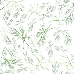 Watercolor dill seamless pattern. Herbal print for fabric, textile design, vinyl printing. Linen ornament, green on white background. Raster stock illustration in aquarelle technique.