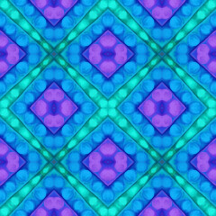 seamless pattern of bright blue and purple purple geometric elements in the hippie style, painted with oil paints, smeared texture, hand-drawn textures, drawing technique