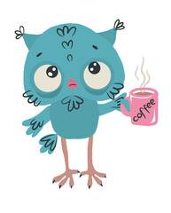cute blue owl with a pink coffee mug, cute cartoon owl clipart, hand-drawn digital colors, colorful bright illustration isolated on a white background,
