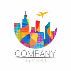 Obraz premium Company Logo Vector City Town Icon for Branding Real Estate Symbol Building and Apartment Rent Concept Sign with airplane