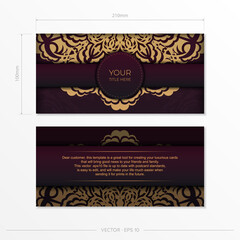 Luxurious vector postcards in burgundy color with vintage patterns. Invitation card design with mandala ornament.