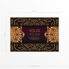 Luxurious Burgundy color postcard template with vintage patterns. Stock Vector Graphics Print-ready invitation design with mandala ornament.