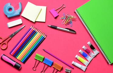 Zenith view. School supplies, various accessories in full color.