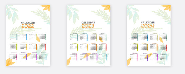 Calendar 2022 2023 2024.Simple calendar, desk calendar design, wall calendar, planner