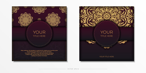 Fototapeta na wymiar These are burgundy postcards with vintage patterns. Invitation card design with mandala ornament.