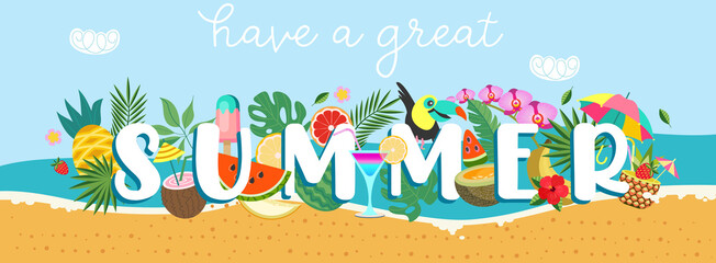 Summer colorful poster. Have a great summer. Vector horizontal illustration. - 449688136
