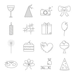 Set of 16 party and celebration linear icons.