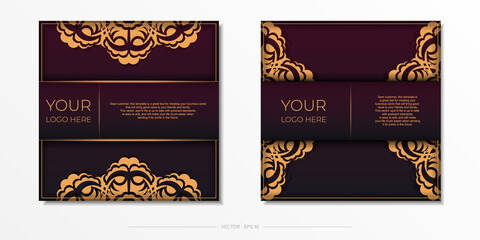 Set of Vector Prepare postcards in burgundy color with vintage ornament. Template for design printable invitation card with mandala patterns.