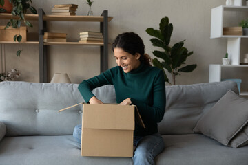 Smiling woman unpacking parcel, excited young female opening cardboard box, sitting on cozy couch at home, satisfied curious customer received online store order, good delivery service concept