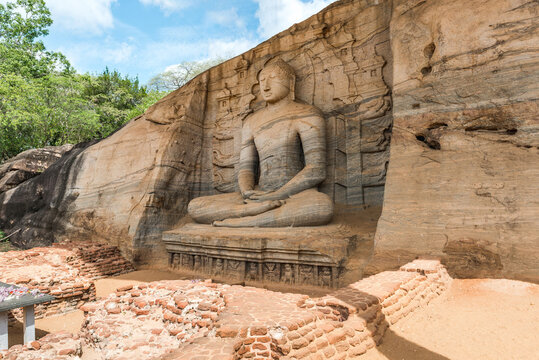 Ancient City of Polonnaruwa. Photo of seated Buddha in meditation at Gal Vihara Rock Temple (Gal Viharaya). Sri Lanka
