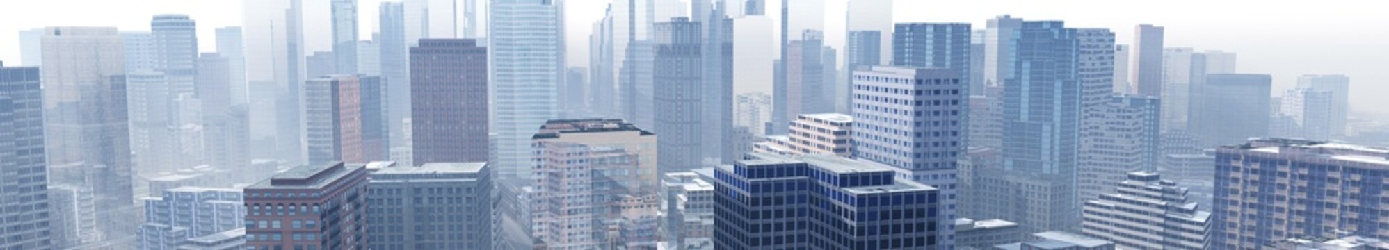 City in the morning in the fog, panorama of skyscrapers, high-rise buildings in the haze, 3D rendering