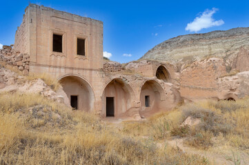 Cave town and rock formations in Zelve Valley, Cappadocia, Turkey