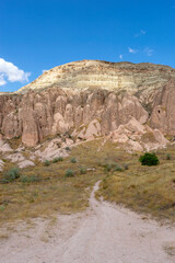 Panorama of unique geological formations in Cappadocia, Turkey. Cappadocian Region with its valley, canyon, hills located between the volcanic mountains Erciyes, Melendiz and Hasan