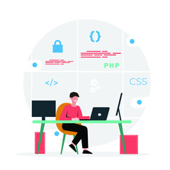 Young man sits working with computer, the programmer writes code, Concept of digital technology,